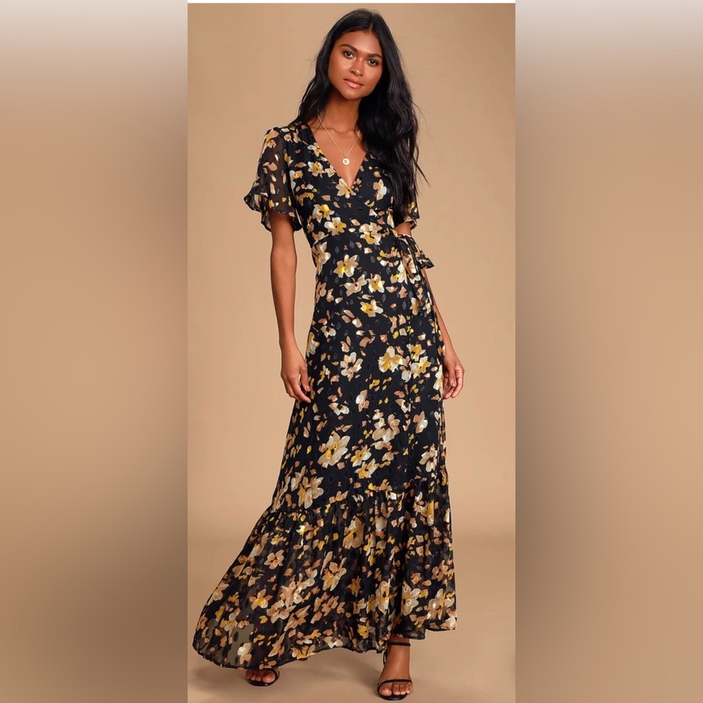LULUs Lean On Me Black Mutli Print Wrap Maxi Dress size medium